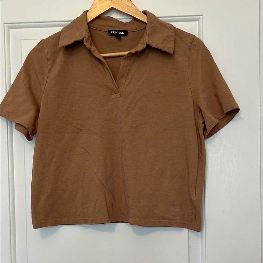 Express Camel Brown Boxy Crop Short Sleeve Polo Shirt